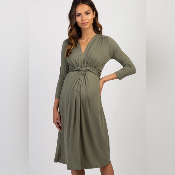 Pinkblush Maternity Dress - Light Olive Green, 3/4 Sleeve, Twist Front - Picture 1 of 3